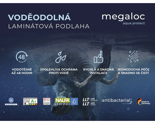 Vlastnosti a pečetě kvality laminátové podlahy Megaloc Aqua Protect.