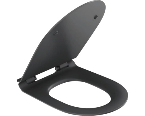 Černé záchodové prkénko s víkem v otevřené poloze