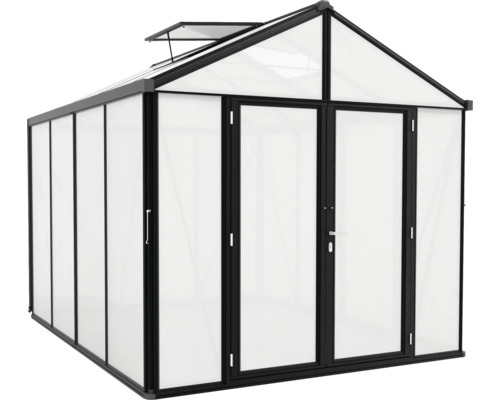 Skleník se dvoukřídlými dveřmi a střešním oknem do zahrady