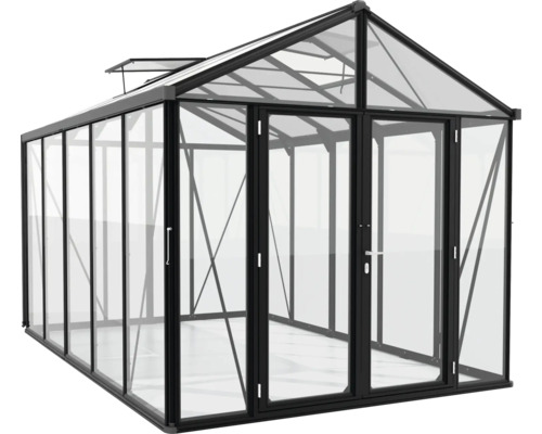 Skleník se skleněnými stěnami a dvoukřídlými dveřmi