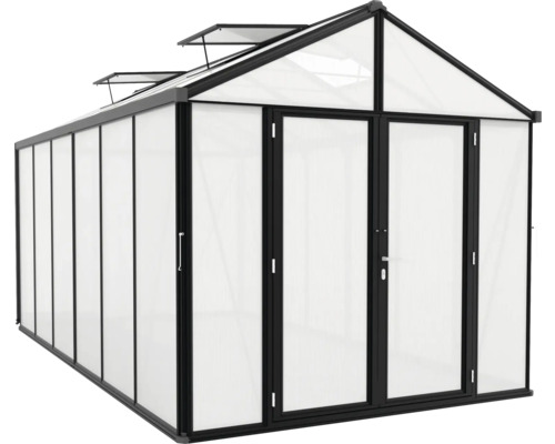 Skleník s dvoukřídlými dveřmi a střešními okny