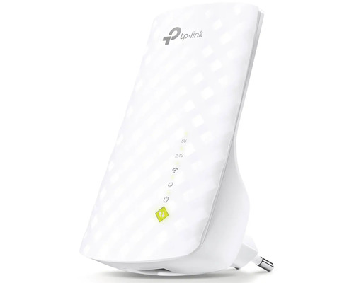 Logo společnosti TP-Link. Bílý zesilovač Wi-Fi s LED diodami pro 5G, 2,4G a sílu signálu.