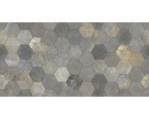 Dekor k obkladu Sidero Dark Hexagon 60x30 cm Šestiúhelníkové dlaždice s různými vzory