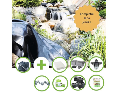 Kompletní jezírková sada s jezírkovou fólií, rounem, břehovými rohožemi, jezírkovými košíky, substrátem pro jezírkové rostliny a dalším příslušenstvím