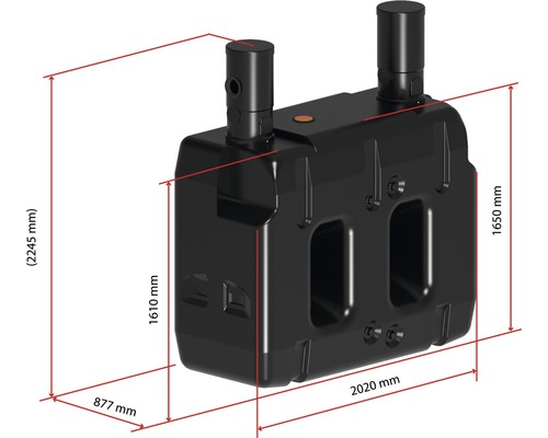 Nádrž na odpadní vodu o rozměrech 2245 mm výška, 877 mm šířka, 1650 mm výška a 2020 mm délka.