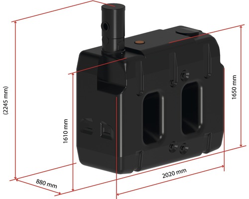 Obrázek nádrže s rozměry.