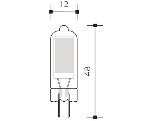 Technický nákres halogenové žárovky G4 s rozměry 12 a 48 milimetrů.