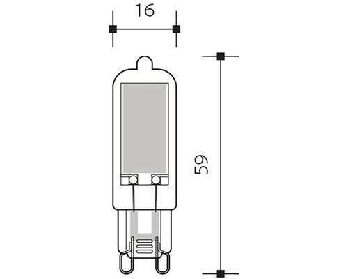 Technický nákres halogenové žárovky G9 s rozměry