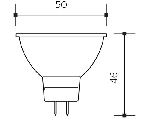 Nákres halogenové žárovky s rozměry 50 a 46