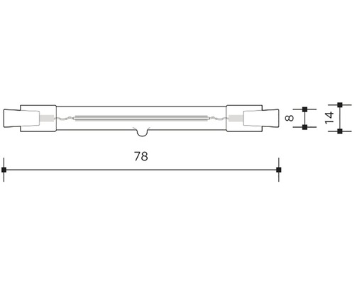 Rozměrový nákres halogenové žárovky o rozměrech 78, 8 a 14