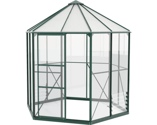 Šestiúhelníkový skleník s transparentními stěnami a střechou