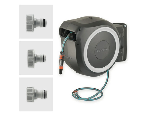 Nástěnný box na hadici Gardena se zahradní hadicí a připojovacími kusy