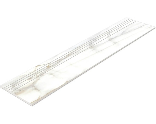 Bílá schodová dlaždice s mramorovou strukturou a drážkami