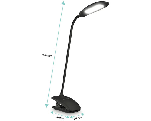 Černá klipsová lampa s LED světlem a flexibilním držákem, rozměry 415 x 115 x 55 milimetrů.