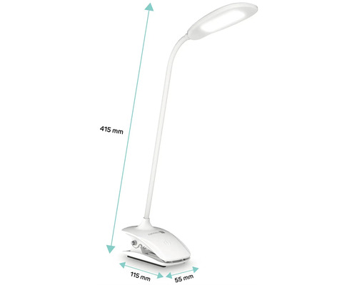 Bílá LED klipová lampa o rozměrech 415 mm výška, 115 mm šířka a 55 mm hloubka.