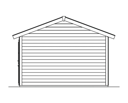 Ilustrace zahradního domku se sedlovou střechou a vodorovným dřevěným obkladem.