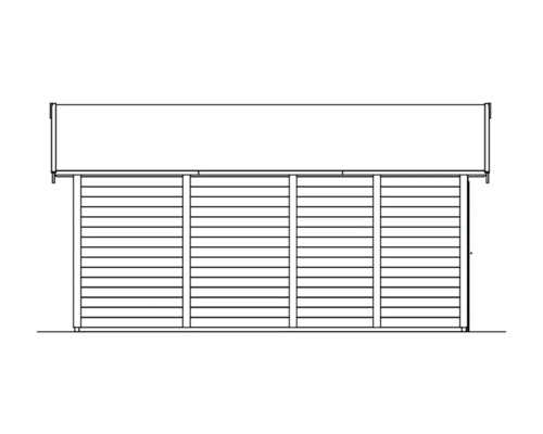 Obrázek zahradního domku s vodorovným dřevěným obkladem a plochou střechou