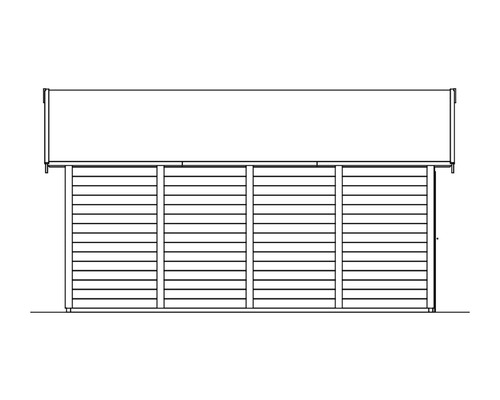 Pohled na zahradní domek s vodorovným dřevěným obkladem a střechou
