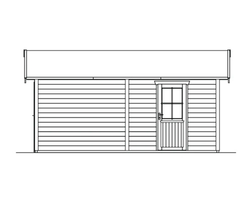 Pohled shora na zahradní domek s dveřmi