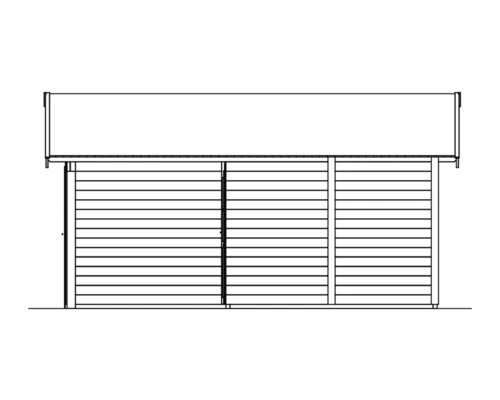 Ilustrace zahradního domku s dřevěnými stěnami a střechou