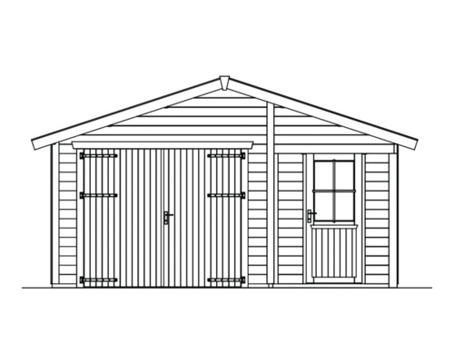 Ilustrace zahradního domku s dvoukřídlými dveřmi a bočními dveřmi