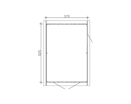 Technický nákres pohledu na zahradní domek s rozměry 370 x 525 cm