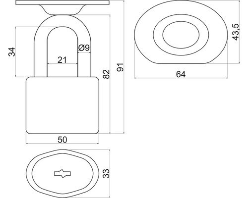 Technický výkres visacího zámku s rozměry