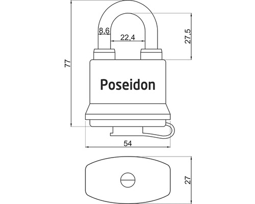 Technický výkres visacího zámku Poseidon s rozměry