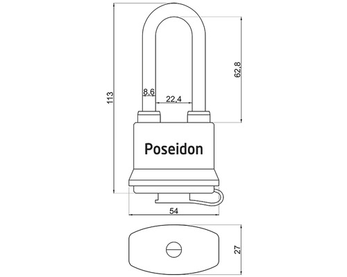 Technický nákres visacího zámku Poseidon s rozměry
