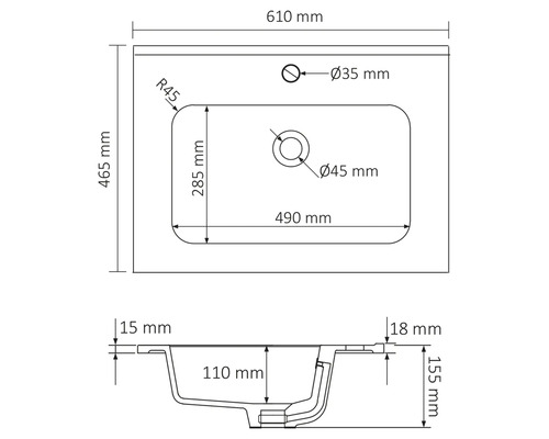 Technický nákres umyvadla s rozměry