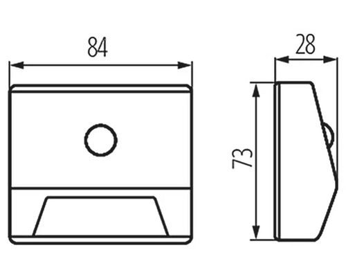 Technický nákres nástěnné lampy o rozměrech 84 x 73 x 28 milimetrů.