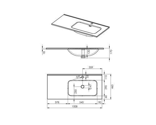 Technický nákres umyvadla s umyvadlovou mísou a rozměry