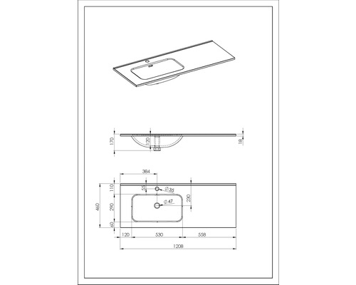 Technický nákres umyvadlové skříňky s rozměry