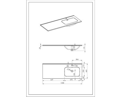 Technický nákres umyvadla s rozměry