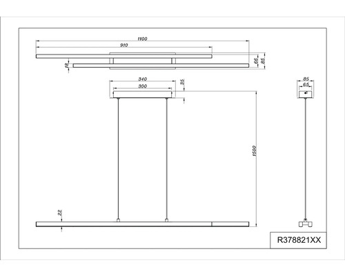 Technický nákres závěsného svítidla s rozměry