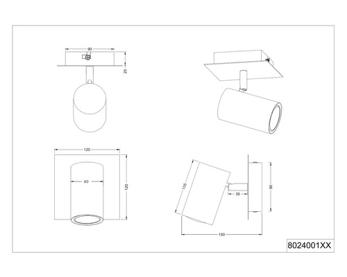Technický výkres nástěnné lampy s rozměry