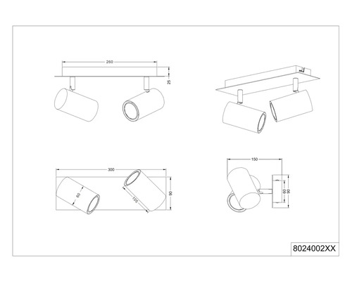 Technický výkres stropního svítidla se dvěma reflektory a rozměry