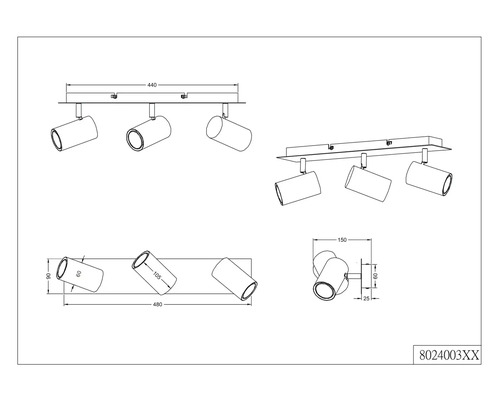 Technický nákres stropního svítidla se třemi reflektory a rozměry