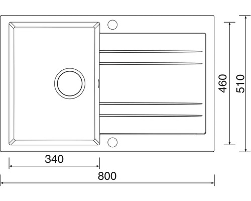 Nákres dřezu s rozměry.