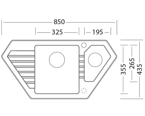 Technický výkres rohového dřezu s rozměry.