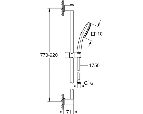 Technický nákres sprchové tyče s ruční sprchou a rozměry.