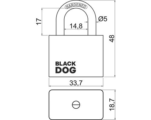 Technický výkres visacího zámku Black Dog s rozměry