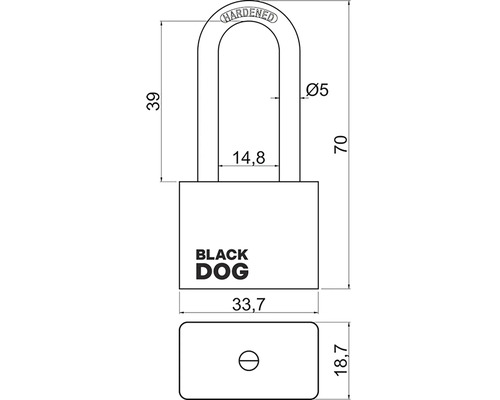 Technický nákres visacího zámku s rozměry