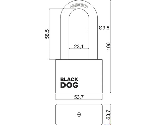 Technický výkres visacího zámku BLACK DOG s rozměry.