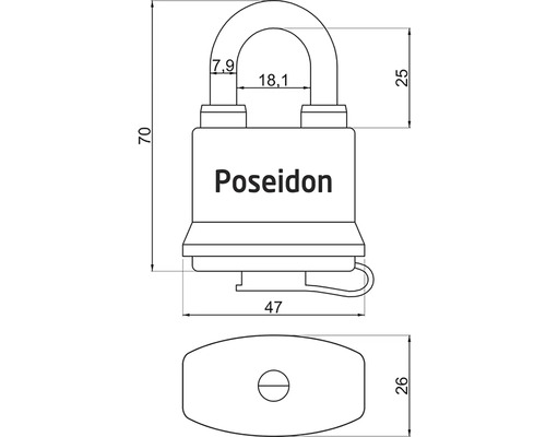Technický nákres visacího zámku Poseidon s rozměry
