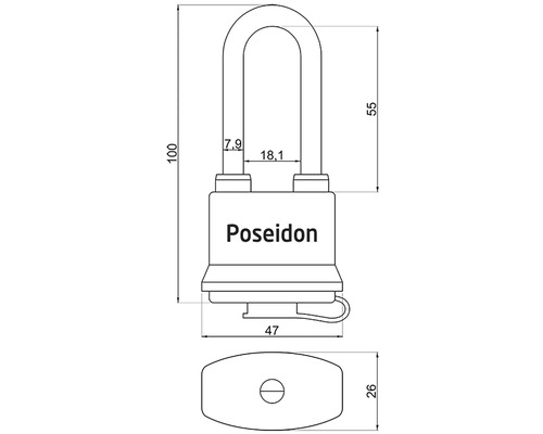 Technický nákres visacího zámku Poseidon s rozměry
