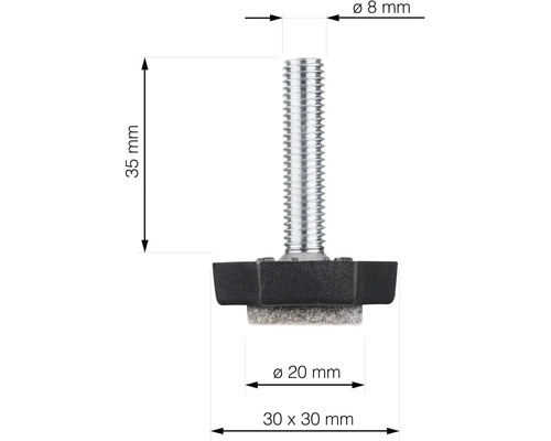Technický výkres nábytkové nohy se závitem, plstěný kluzák, průměr závitu 8 mm, výška 35 mm a patka 30 x 30 mm