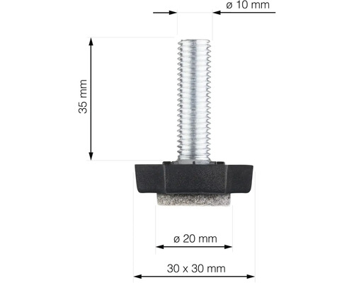 Stavitelný kluzák se závitem, průměr 10 mm, výška 35 mm, průměr talíře 20 mm, velikost talíře 30x30 mm