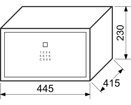 Obrázek trezoru o rozměrech 445 x 415 x 230 mm.