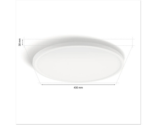 Kulaté stropní svítidlo o rozměrech 430 krát 30 milimetrů.